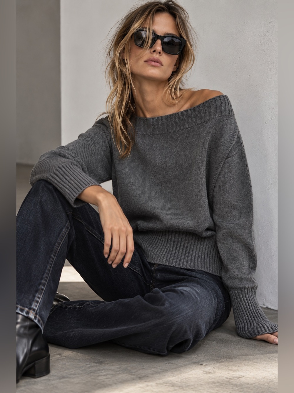 ZARA Grey Boat Neck Knit Sweater Size L